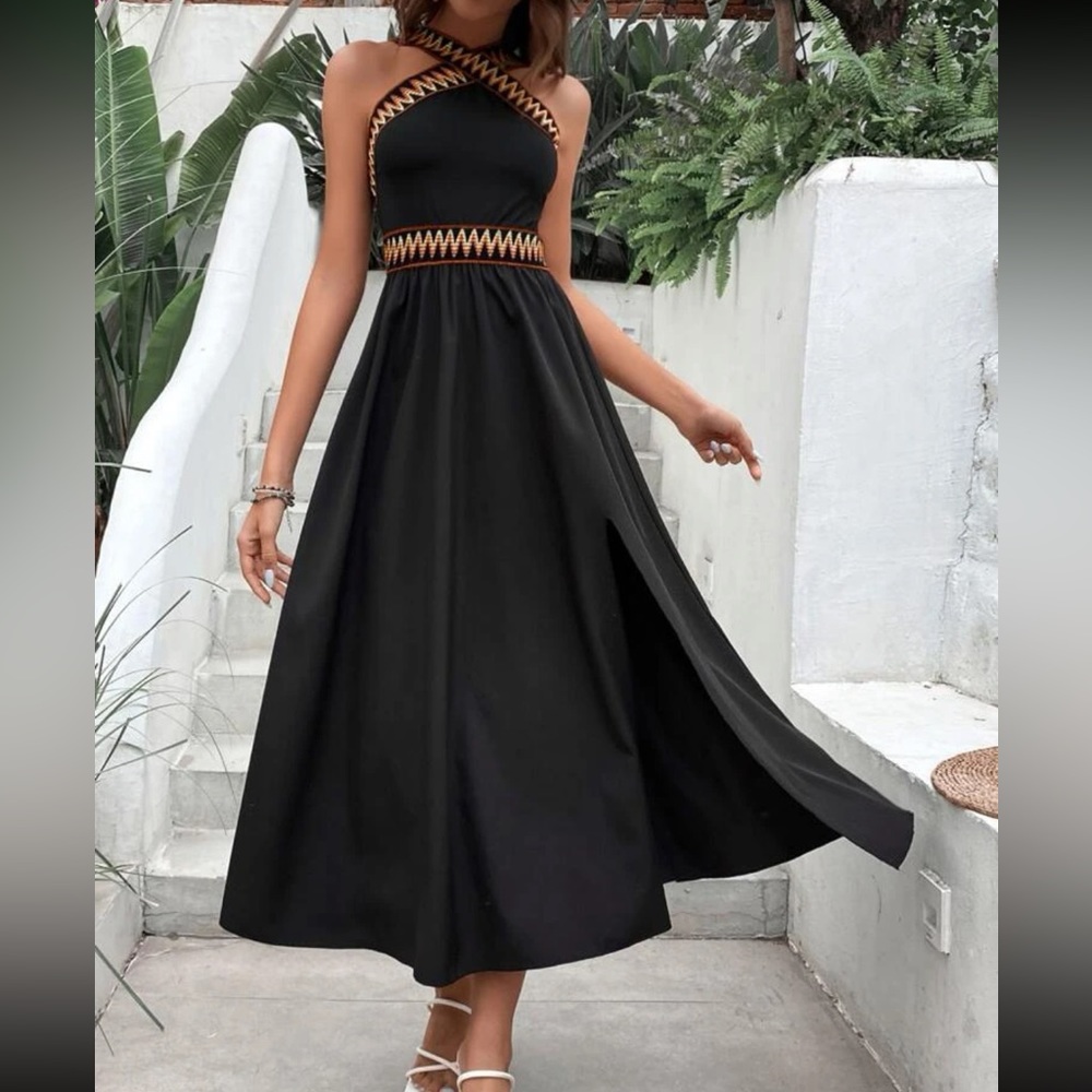 Boho chevron trim slit thigh maxi dress